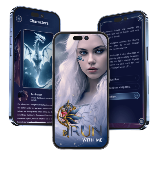 Three mobile screens with pictures of the NeonLynx game RunWithmMe.